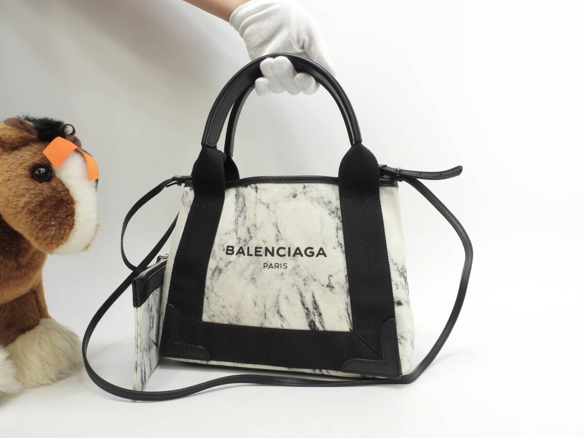 バレンシアガ ネイビーカバXS キャンパス/レザー 白黒大理石柄 ポシェット ミニハンドバッグ@ 18