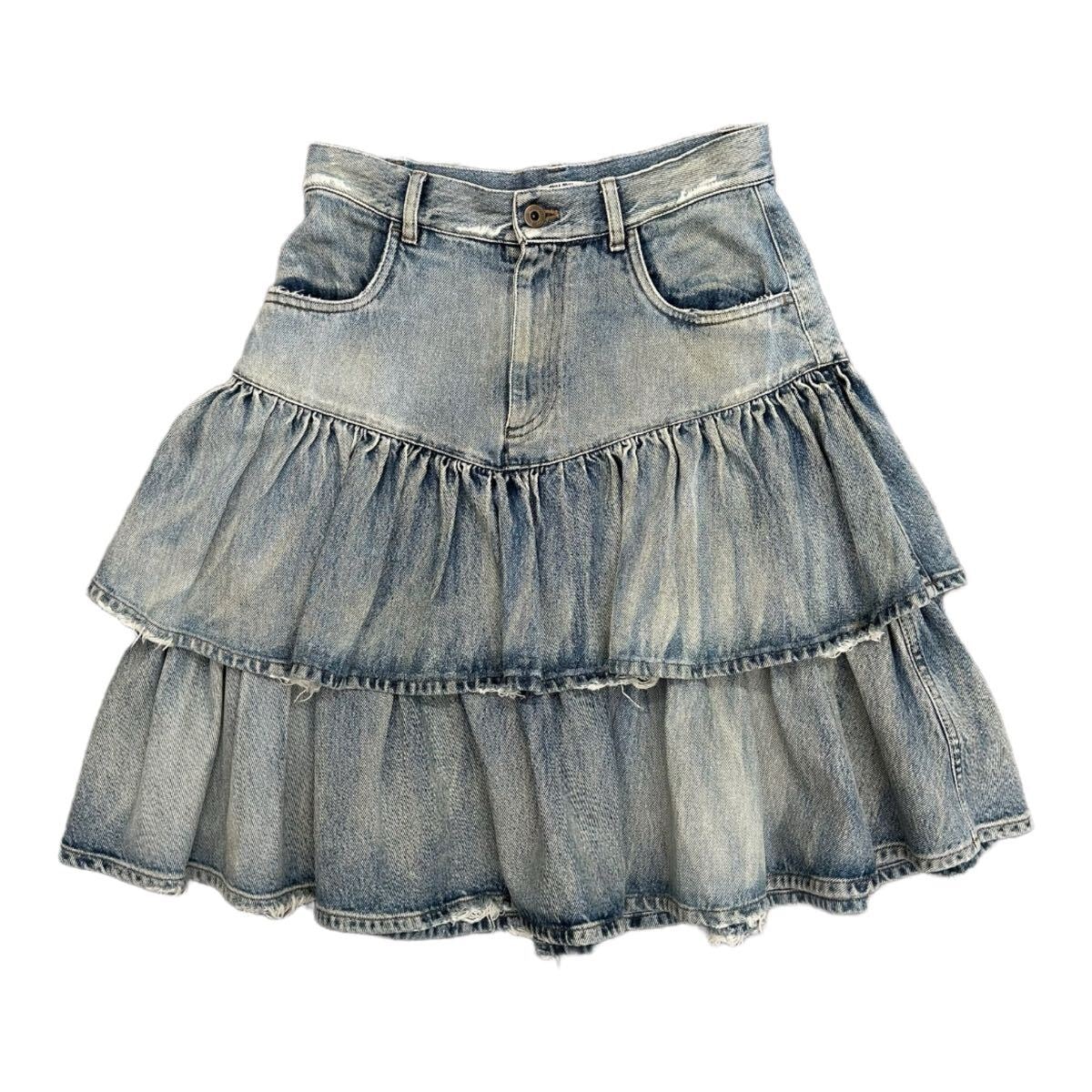 MIUMIU ミュウミュウ　デニム　スカート　フリル　ダメージ加工　40　コットン　ブルー　L