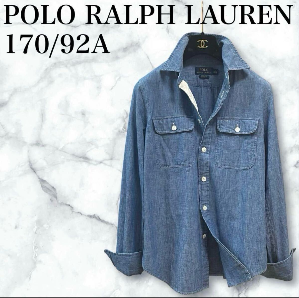 良品 POLO RALPH LAUREN ポロラルフローレン デニムシャツ シャンブレー ダンガリー ウエスタン 大ボタン ペン入れポケット 長袖 M相当