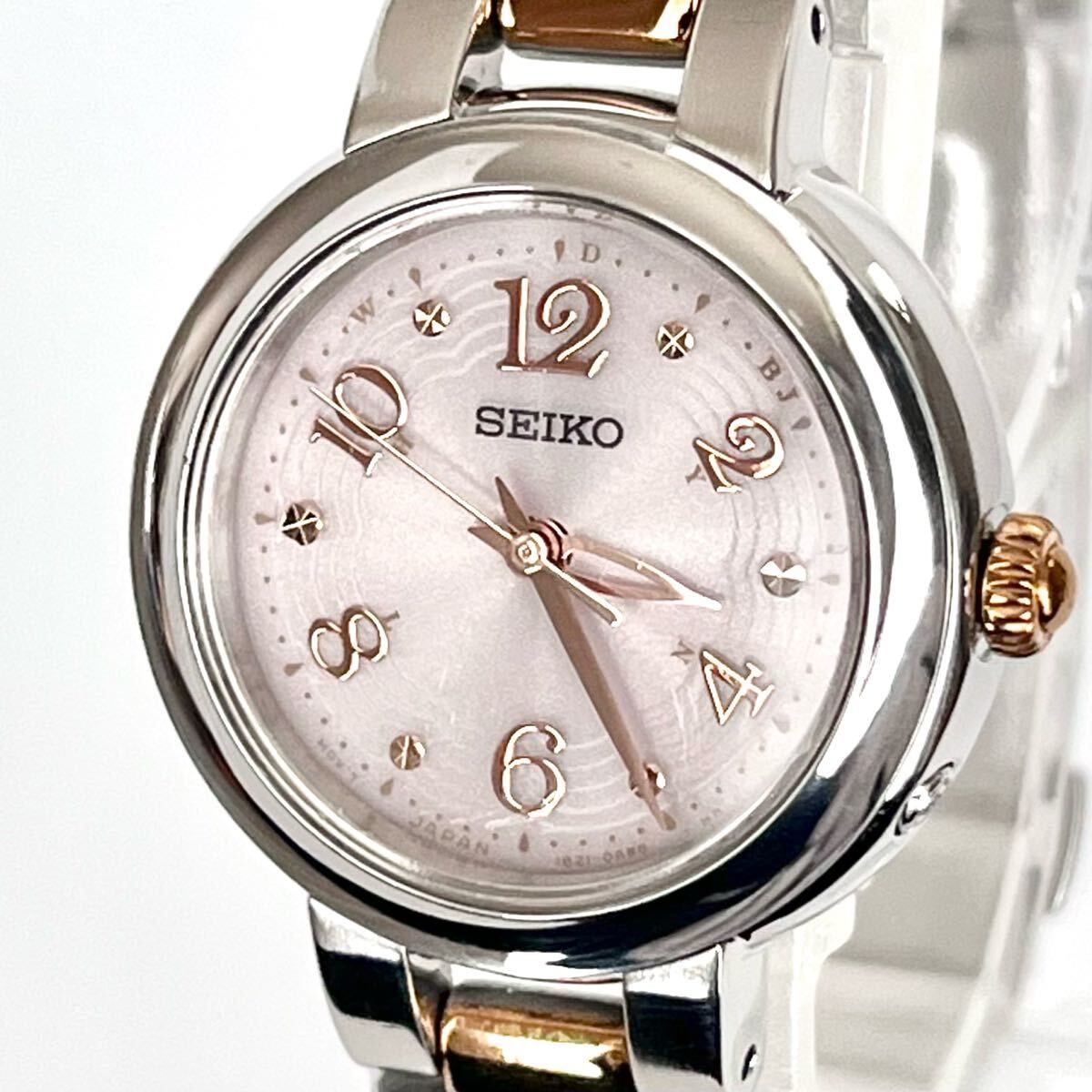 【稼働】磨き済み セイコー SEIKO レディース 腕時計 電波ソーラー 美品 ピンク文字盤 ゴールド s2080