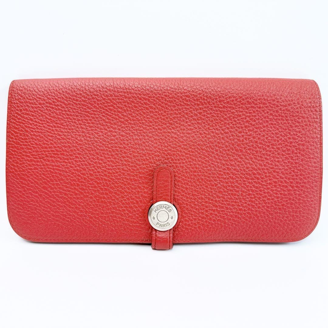 エルメス ドゴンロング 二つ折り長財布 ロングウォレット レッド 小銭入れあり □R刻印