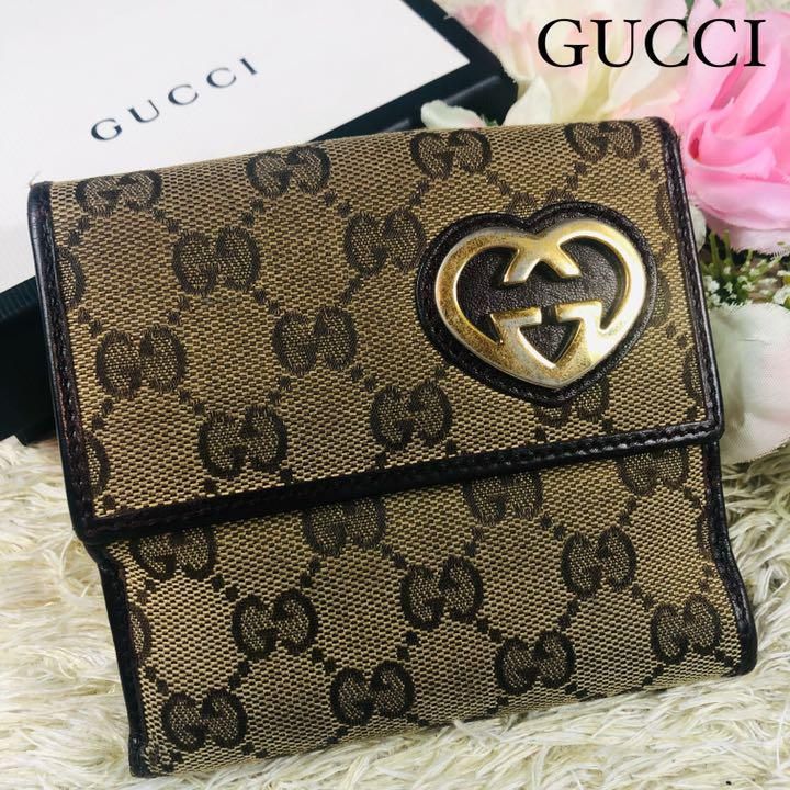 【美品】グッチ ラブリーハート 二つ折り財布 GGキャンバス ダークブラウン