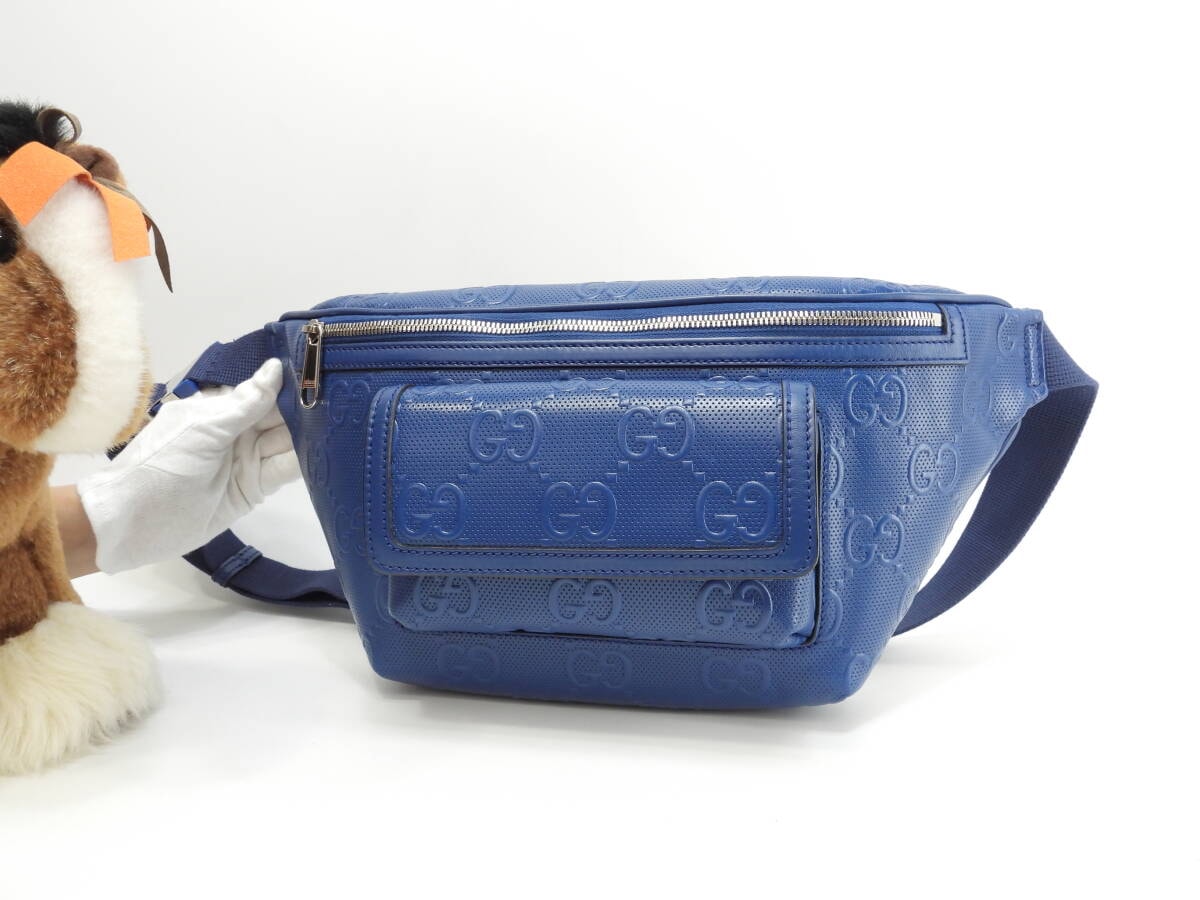 グッチ ボディバッグ大 型押GG レザー青 斜掛ショルダーバッグ ベルトバッグ 極美品@ 1
