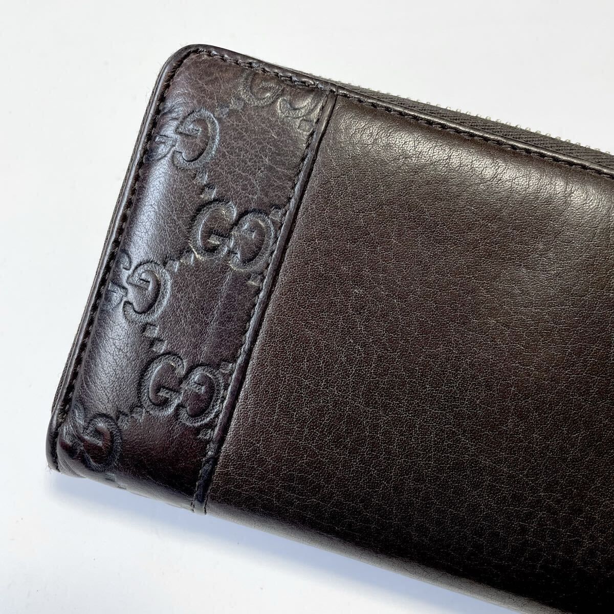 ★GUCCI グッチ シマ ラウンドファスナー ジップ メンズ 長財布 茶 中古【鑑定済み 本物保証】