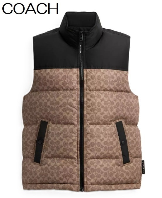 特価！ 人気 COACH コーチ メンズ シグネチャー バイカラー ダウン ベスト USサイズL(日本サイズXL相当) CU801 タン 新品本物
