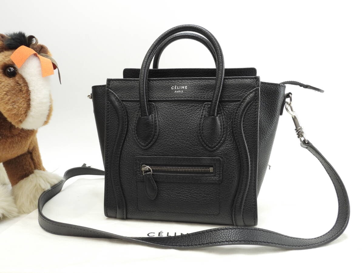 セリーヌ ラゲージナノ ドラムドレザー 黒 ポシェット ミニハンドバッグ 美品@S-VP-0172