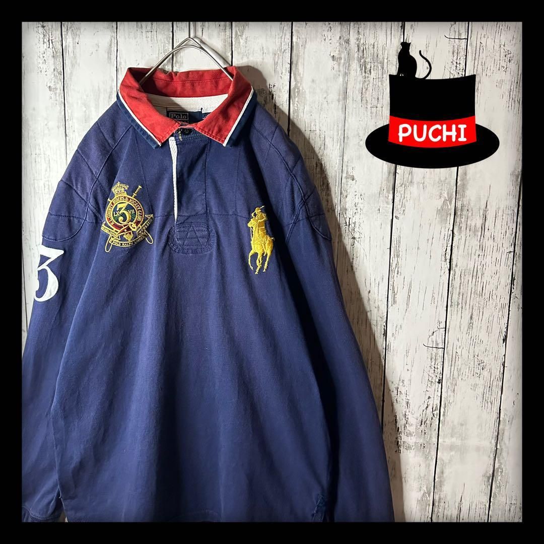 【ポロバイラルフローレン】ラガーシャツ☆金刺繍ロゴ☆ビッグポニー☆XL ネイビー