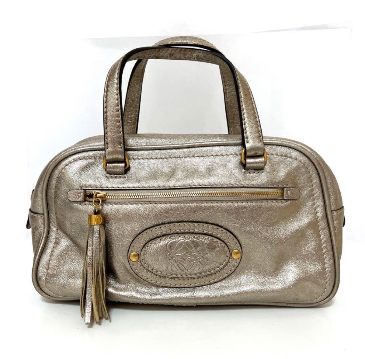 LOEWE ロエベ マドリード ミニ ボストンバッグ レザー アマソナ アナグラム シルバー 中古