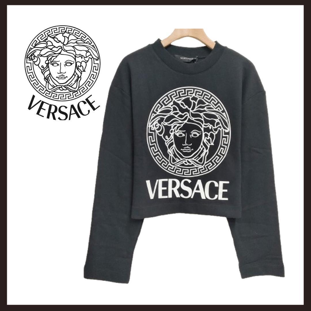 ○★新品 未使用 ベルサーチェ メデューサ ロゴスウェット 短丈 ブラック M Versace】メドゥーサ刺繍 スウェットシャツ ブラック 長袖 (VERSACE