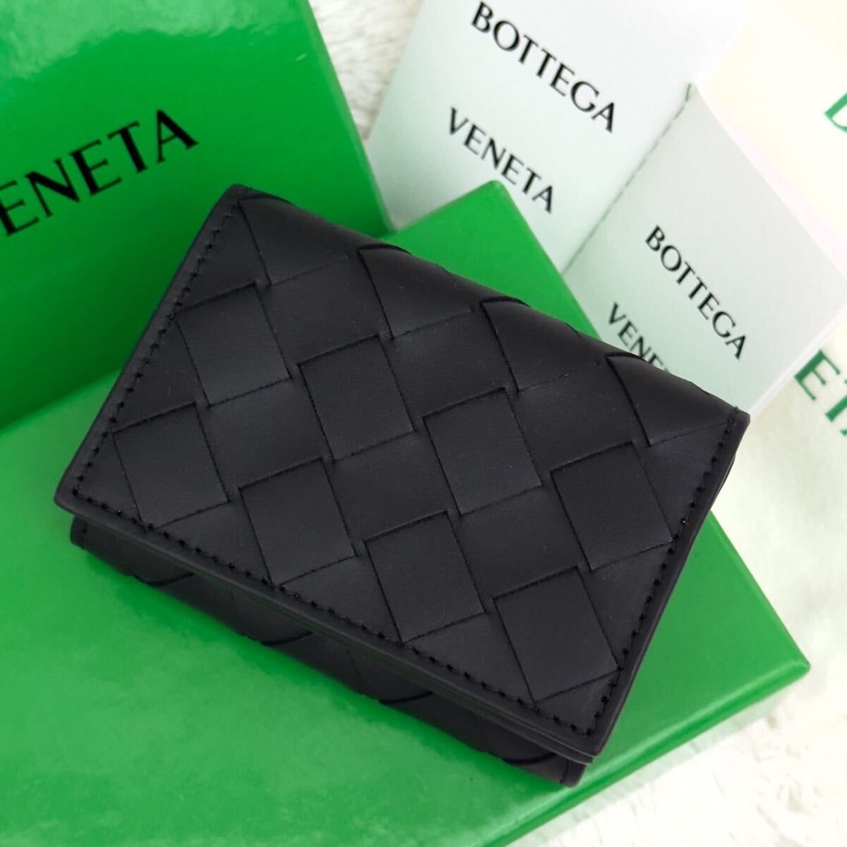 ☆新品級☆RFID搭載 BOTTEGA VENETA 三つ折り 財布 ボッテガヴェネタ レザー イントレチャート ブラック