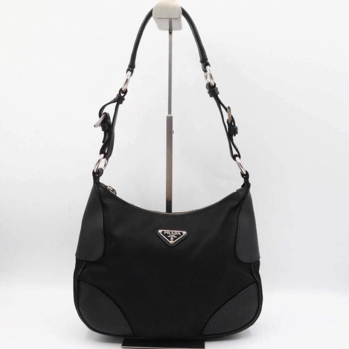 PRADA 美品　プラダ　ナイロン　レザー　三角ロゴ　ハンドバッグ　ブラック