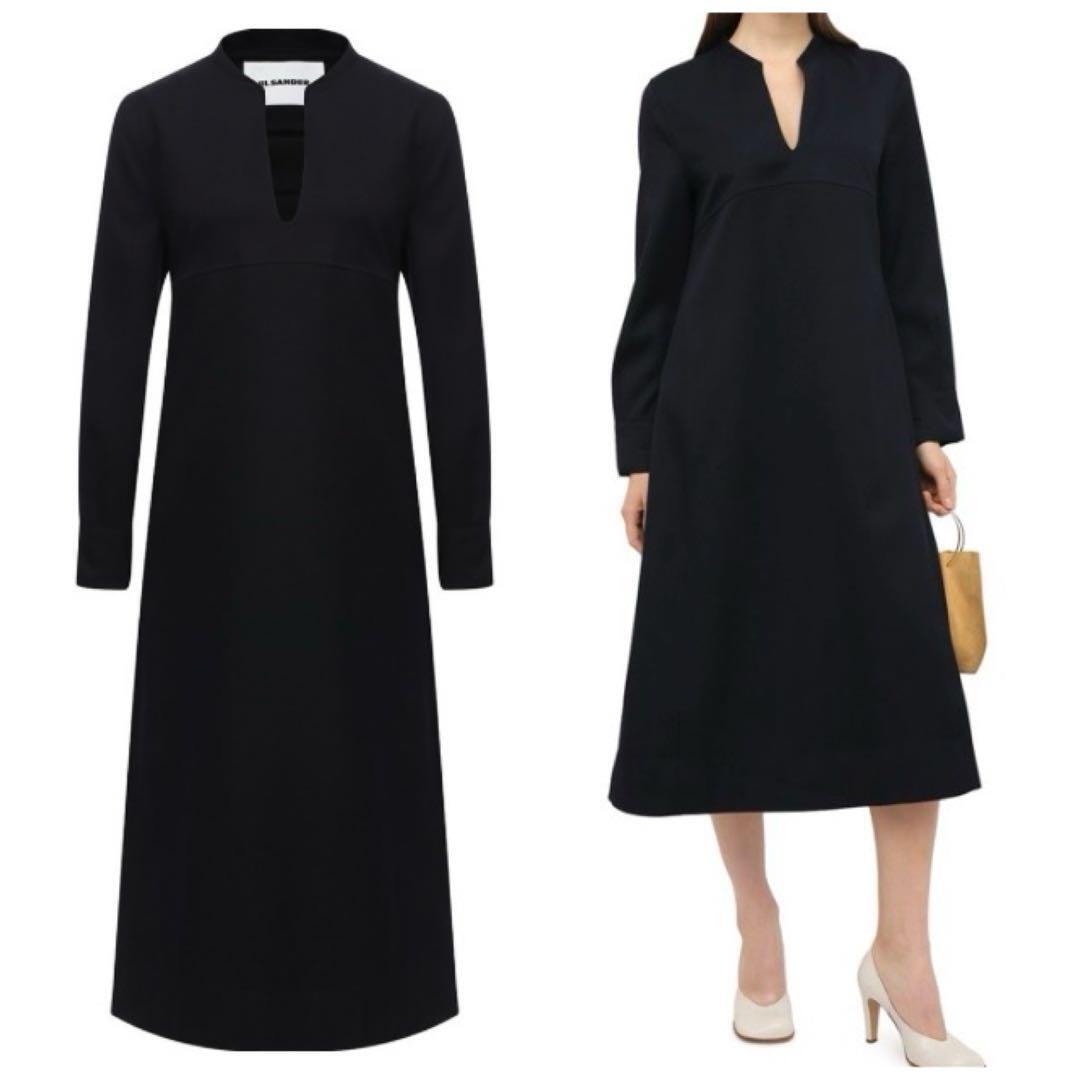 未使用タグ付 JIL SANDER ジルサンダー Vネック ウールワンピース ドレス フレア 長袖 定価22万円