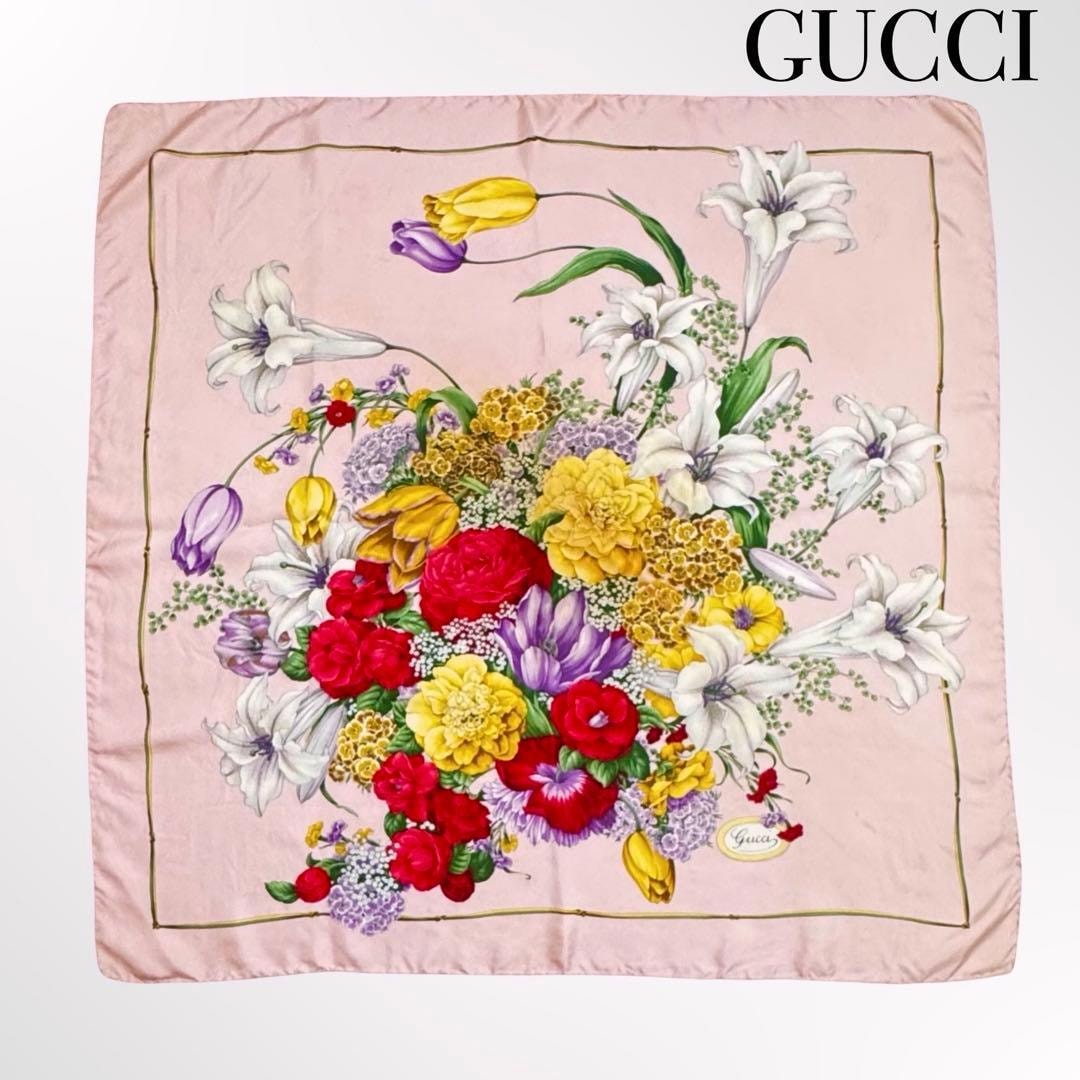 GUCCI グッチ シルク100％ スカーフ 大判 フラワー柄 花柄 ピンク系 85×87cm MADE IN ITALY レディース