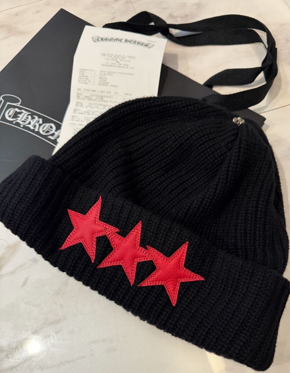 新品 希少 クロムハーツ ニット帽 カシミヤ SLUDGE レザースターパッチ ビーニー ニット帽 メンズ 黒