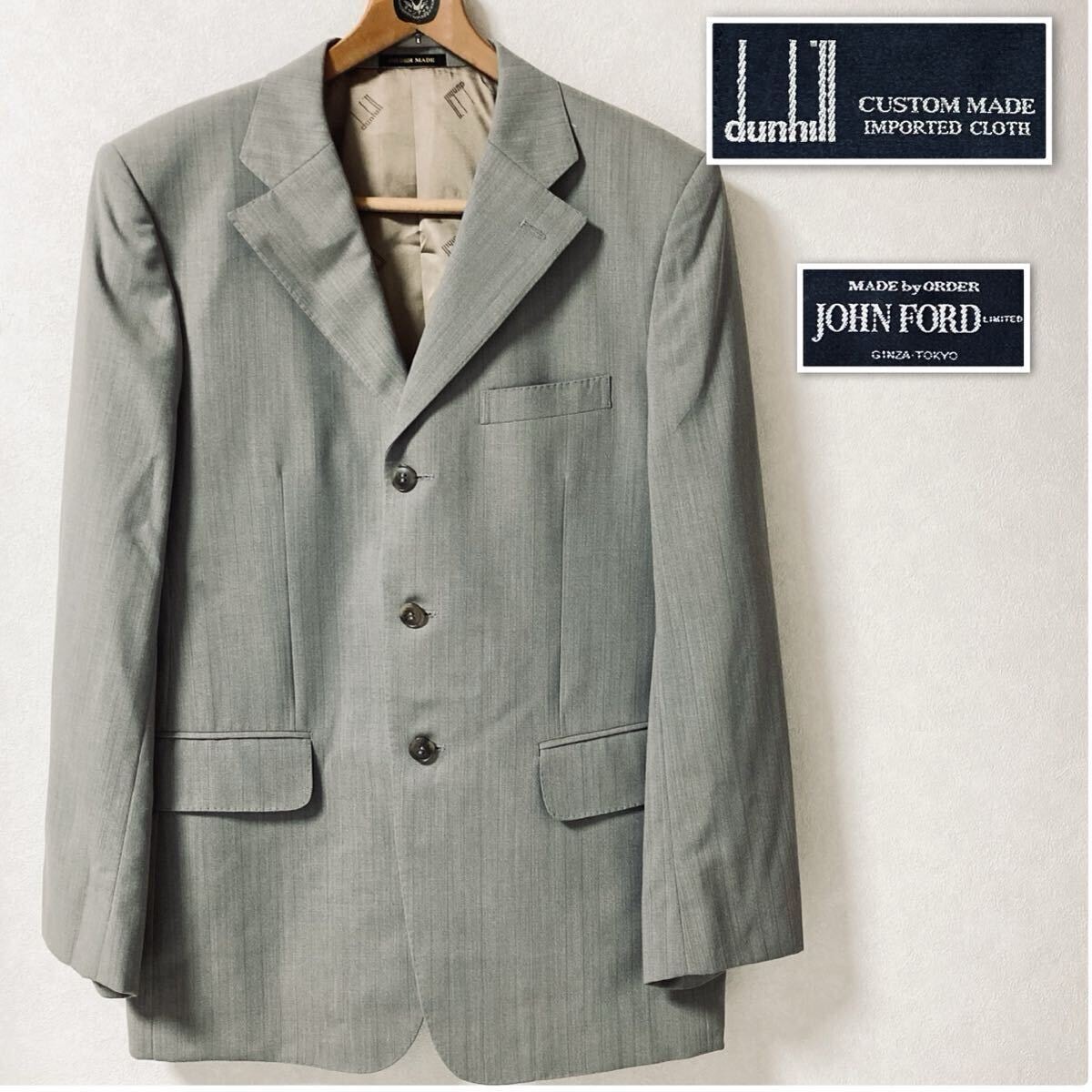 ■美品■dunhill ダンヒル　シングルテーラードジャケット　日本製　ピンストライプ　グレー　背抜き　春夏　ウール100% サイズM相当