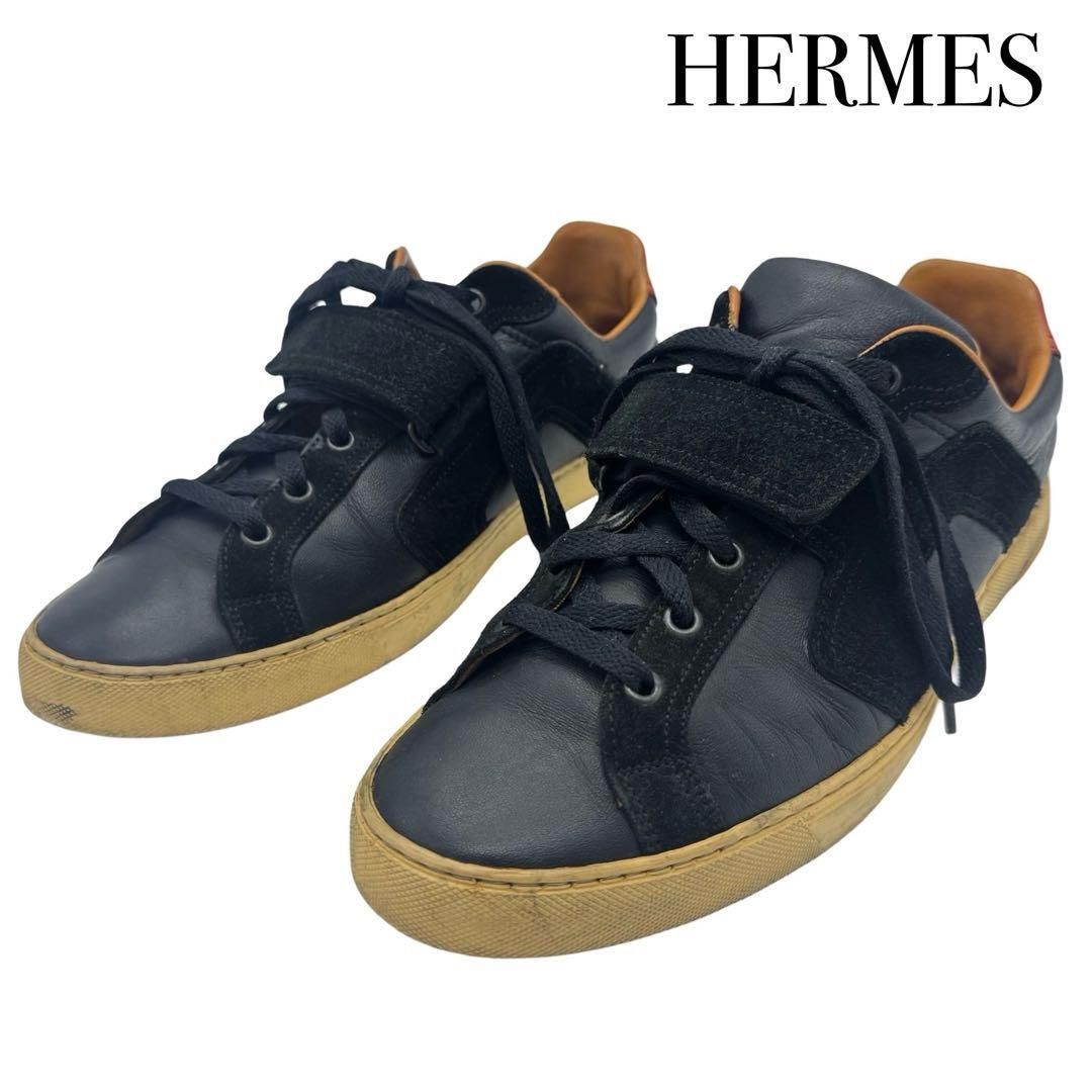 HERMES エルメス スニーカー 約26.5cm 靴 シューズ メンズ ブラック レザー スエード ベルトクロストラップ