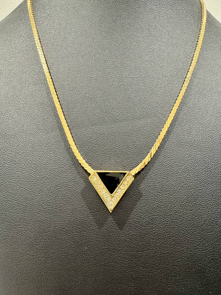 【新品未使用】Christian Dior ディオール ヴィンテージ GP製 トライアングルペンダント ラインストーン ゴールド×ブラック