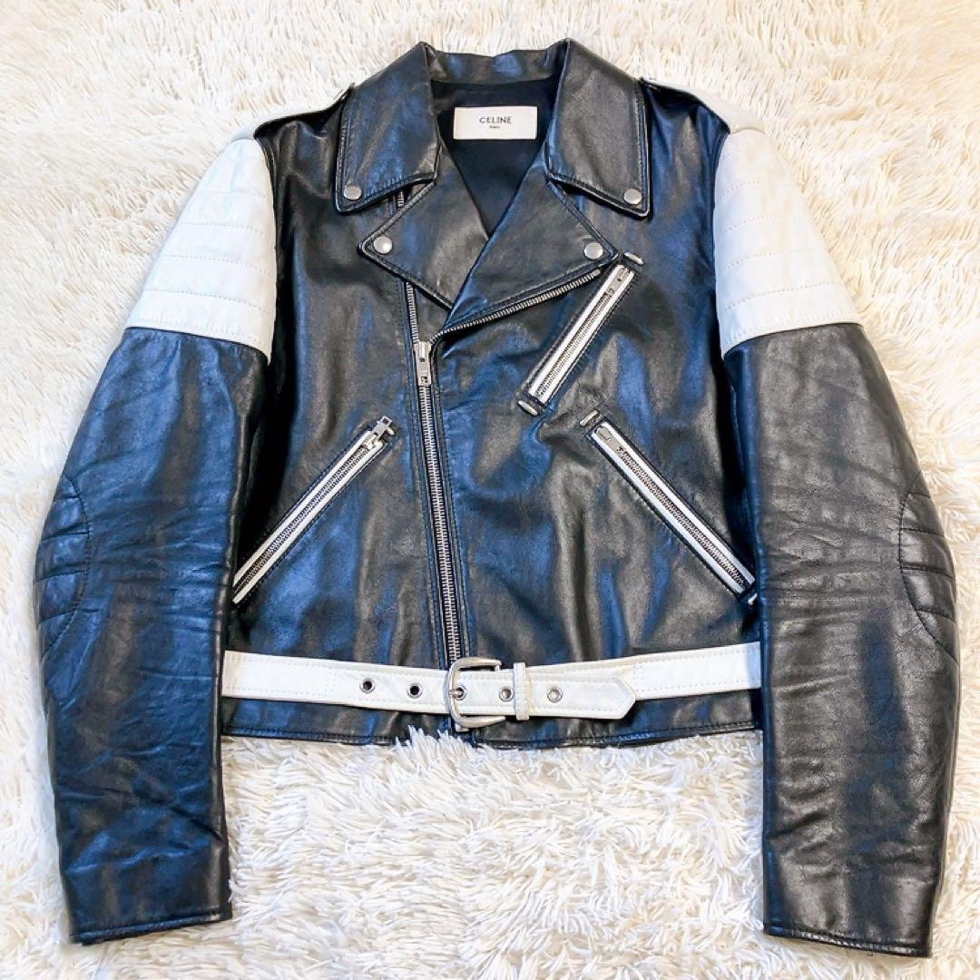 【19SS・エディ期】CELINE セリーヌ クラシックバイカージャケット ダブルライダース 大きいサイズ52 バイカラー 2E118599E 美品 レザー