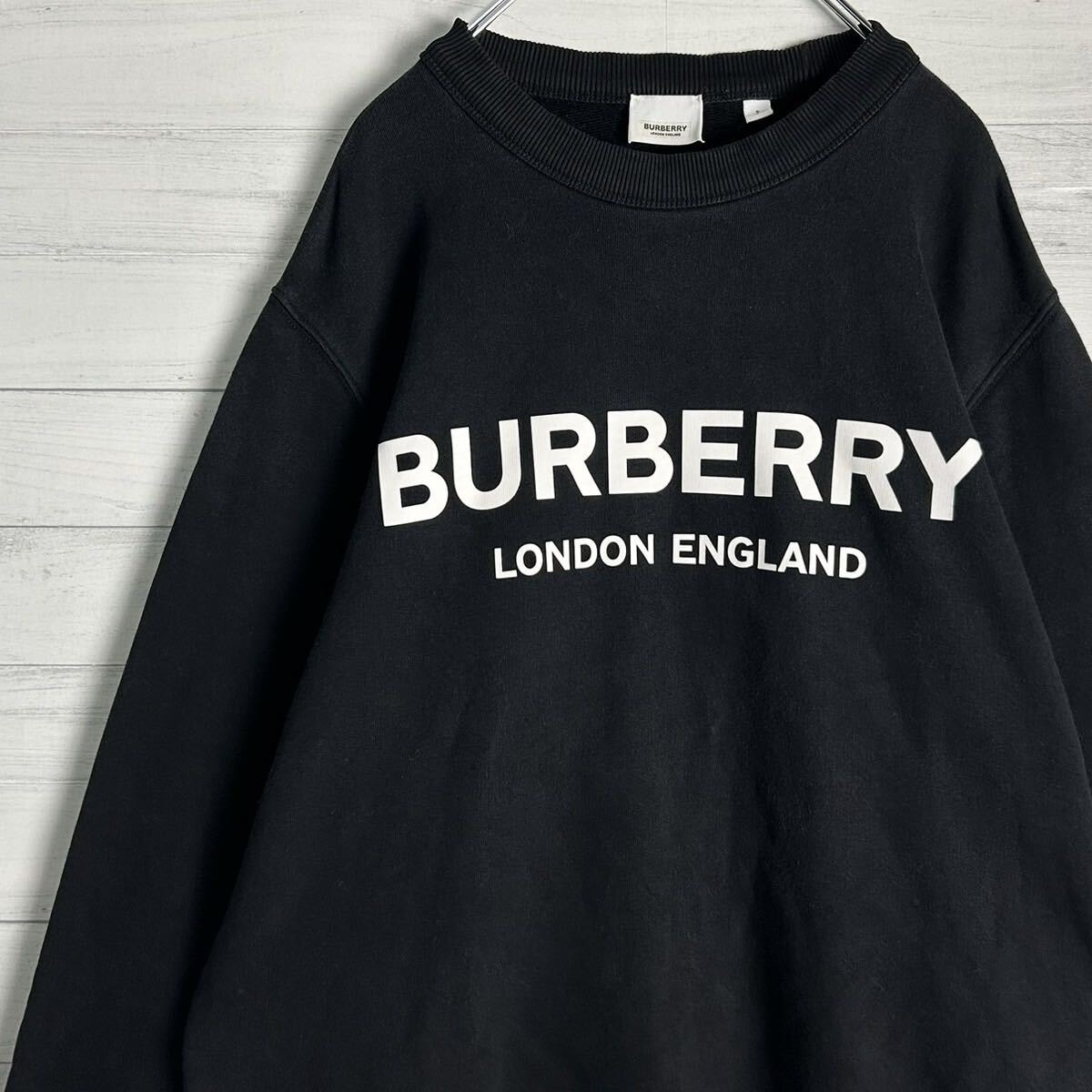 極美品 大人気 BURBERRY バーバリー ビッグロゴ フロントロゴ オーバーサイズ スウェット トレーナー 長袖 ブラック 黒 トップス メンズ