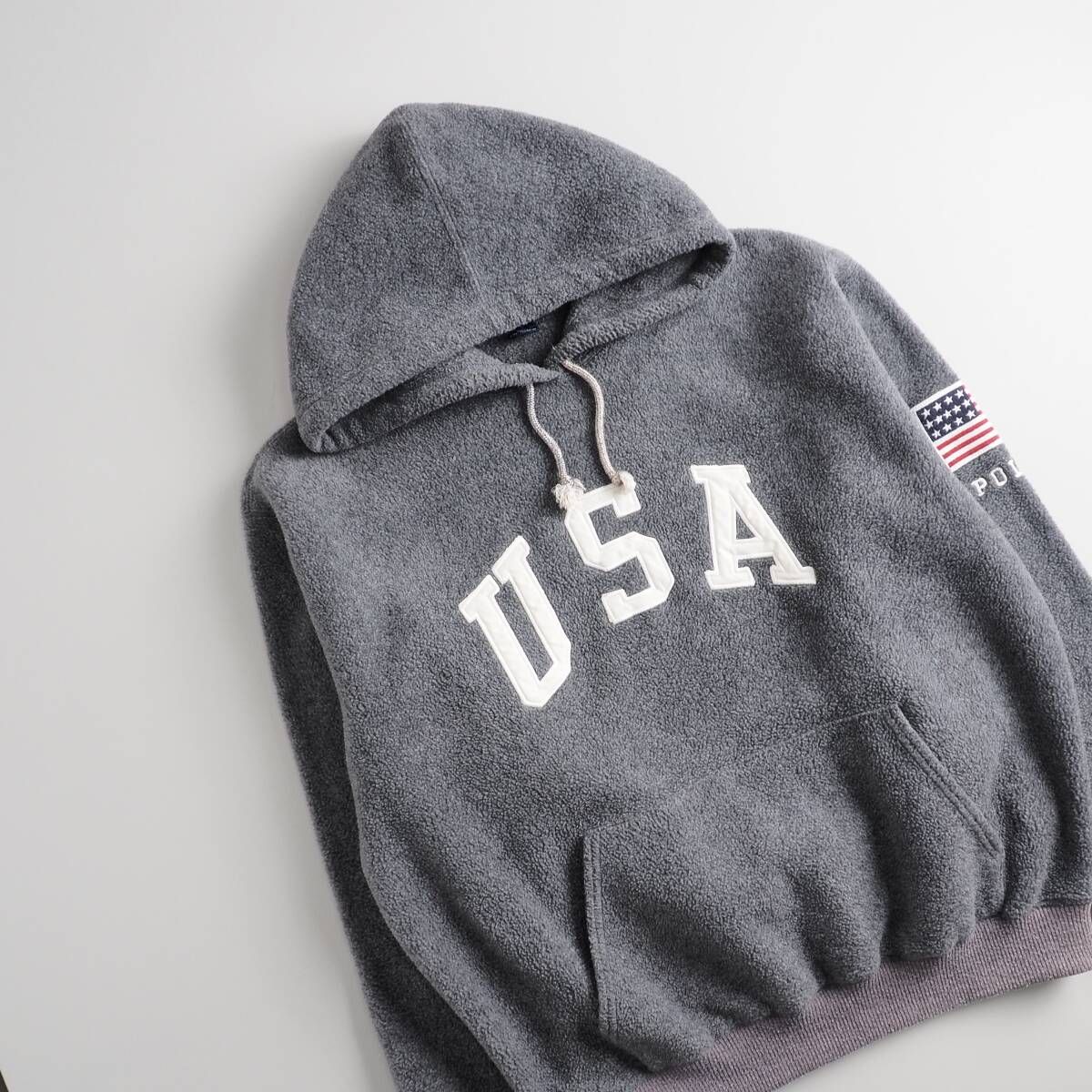 ラルフローレン　Ralph Lauren　USA製　フリース　パーカー　グレー　フード付き　メンズ　美品