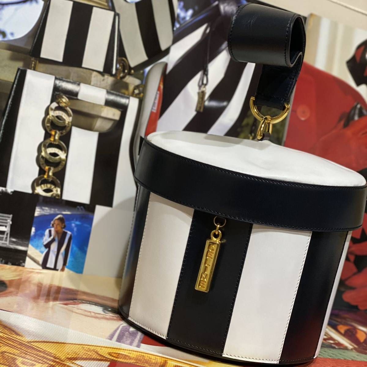 激レア 美品 希少モデル 90'S OLD CELINE 筒型 ハンドバッグ 年代物 バケツ型 ヴィンテージバッグ ストライプ バイカラー