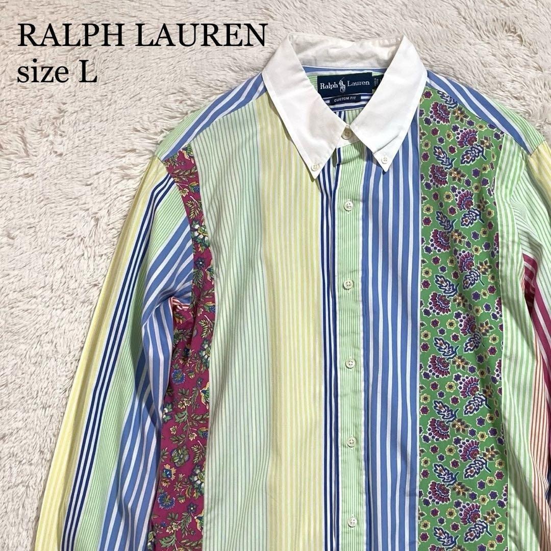 美品 90s RALPH LAUREN ラルフローレン 長袖シャツ ボタンダウン 花柄 マルチストライプ