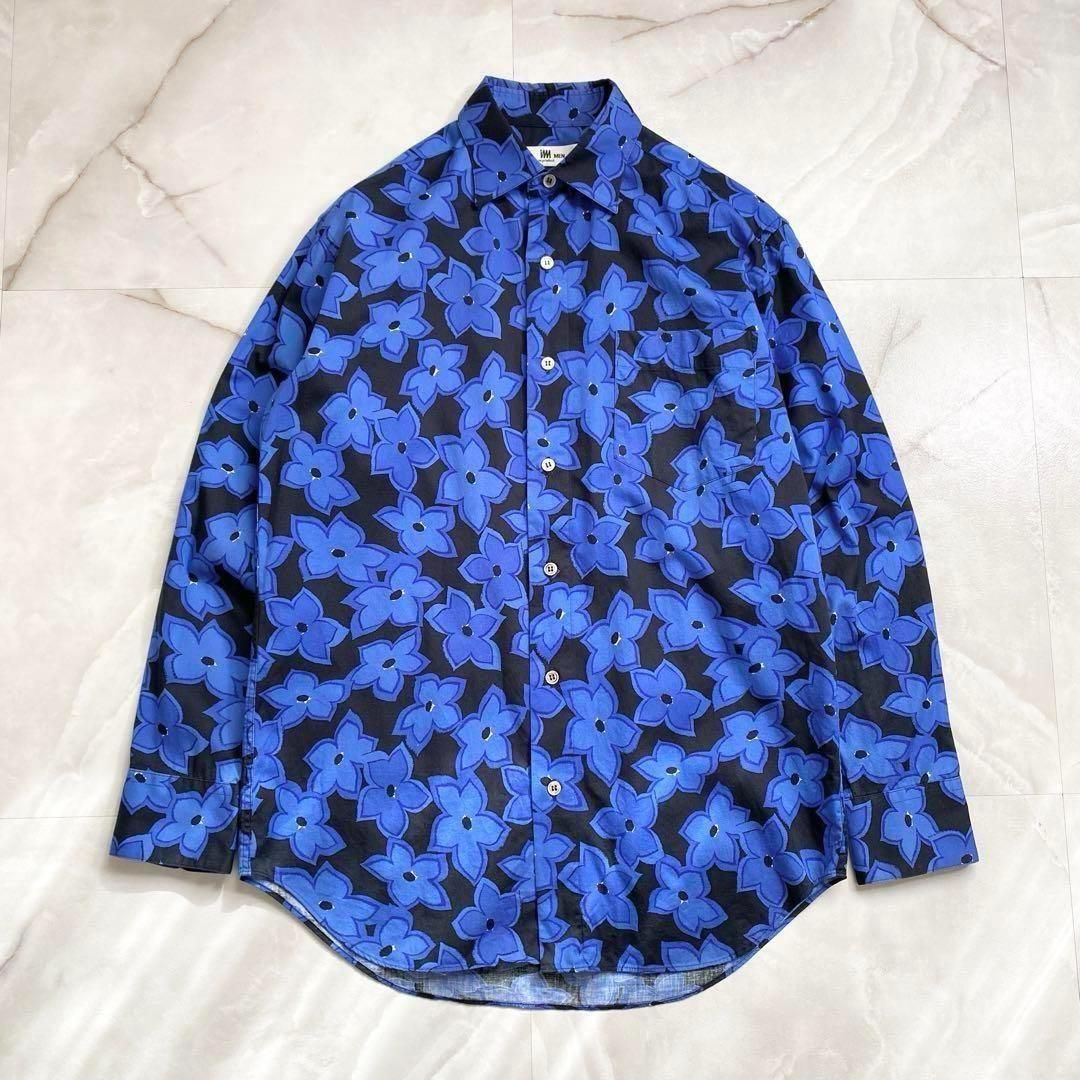 A14881 美品 80s〜90s イッセイミヤケ コットンツイル花柄シャツ M　総柄　ブルー　アイムメン