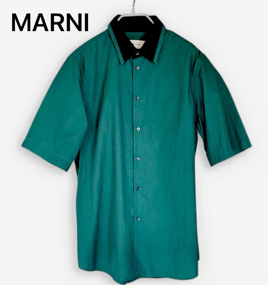 MARNI 半袖シャツ クレリック 48 Lサイズ 希少カラー 緑 黒 マルニ シャツ グリーン ブラック 半袖 コットン メンズ