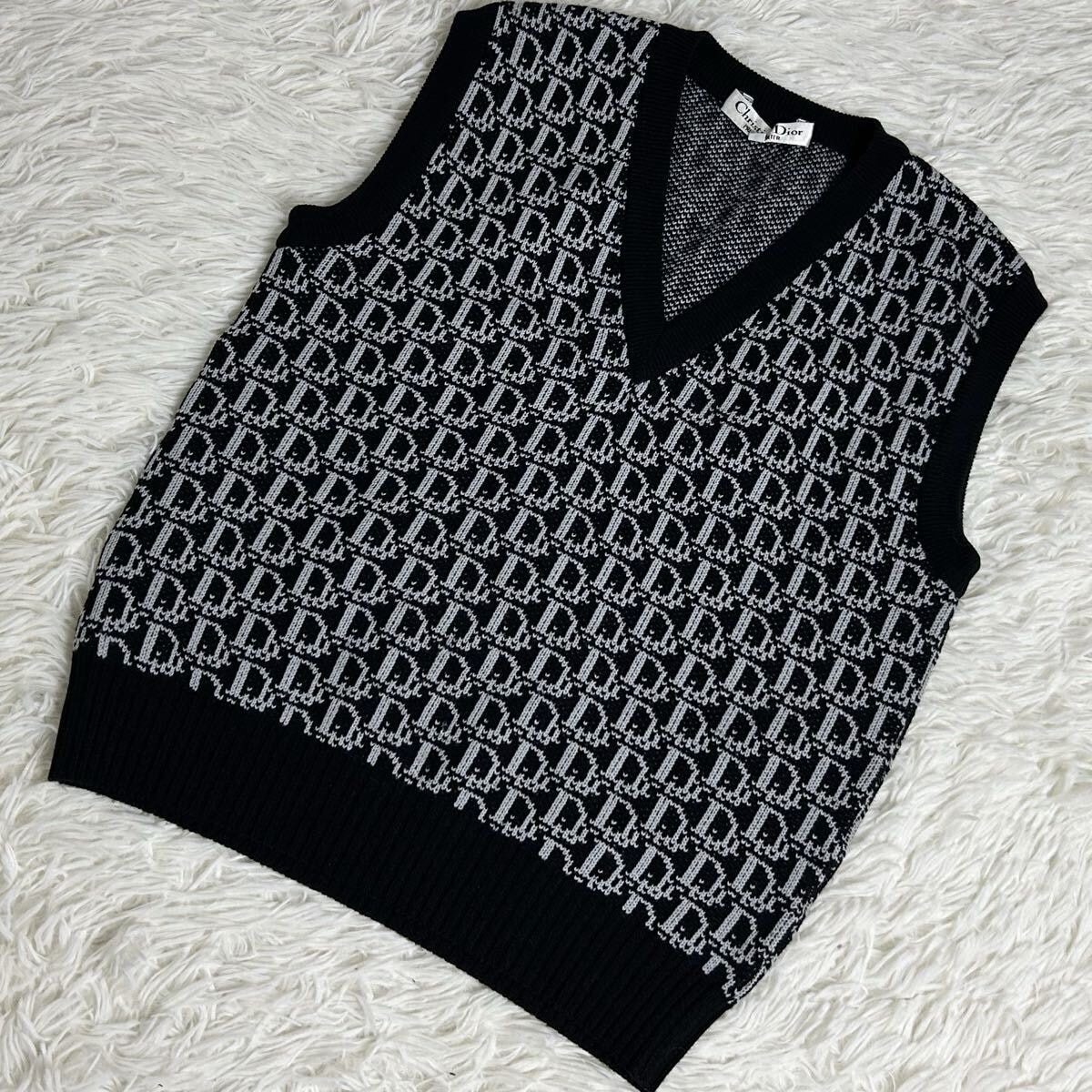 希少 極美品 Christian Dior クリスチャンディオール トロッター柄 ニットベスト 総柄ロゴ 白 ホワイト 黒 ブラック Vネック レディース