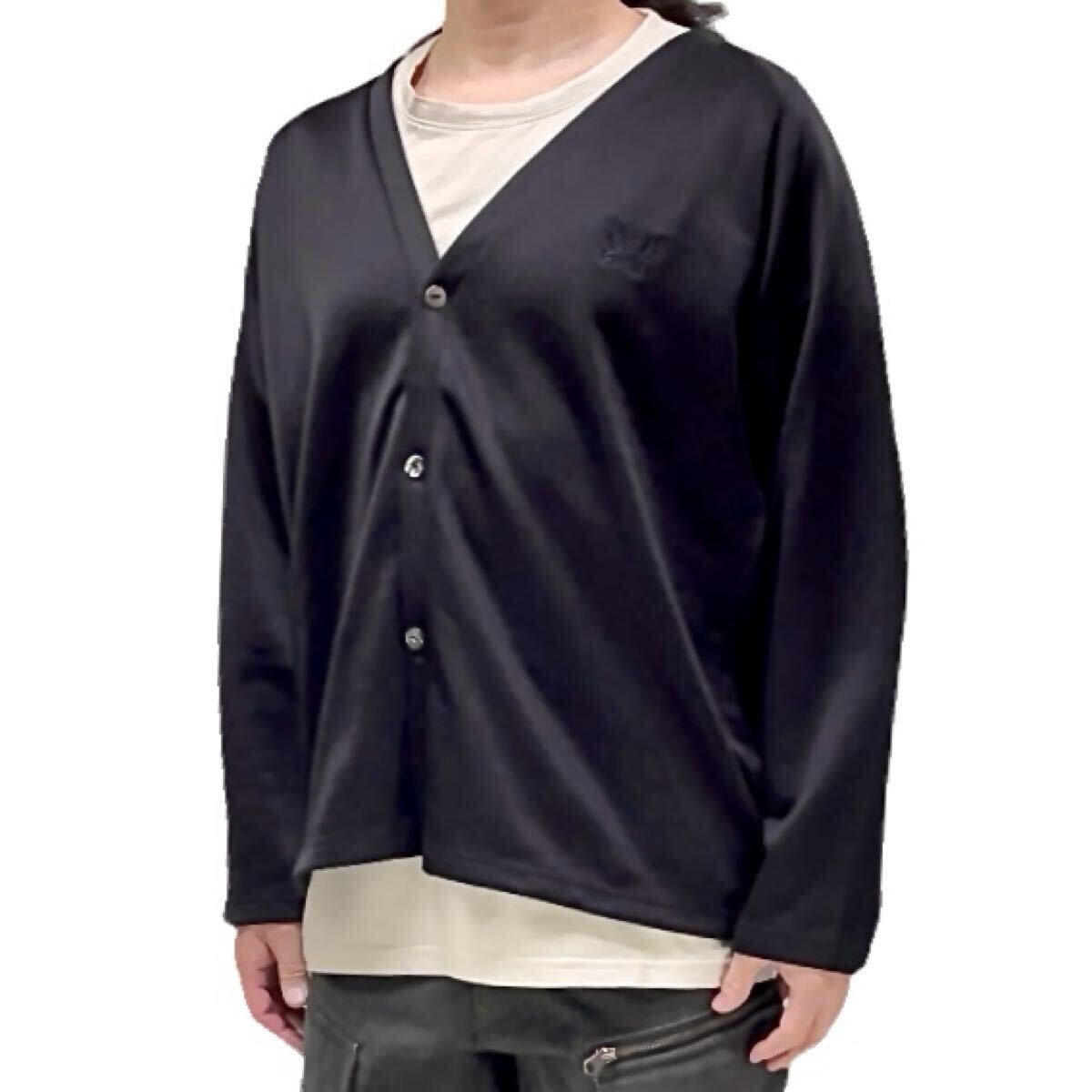 新品 Needles ニードルス ジャージ 裏地パイル スウェット 蝶々 パピヨン刺繍 ラグランスリーブ 深Vネック ボタン カーディガン ブラック M