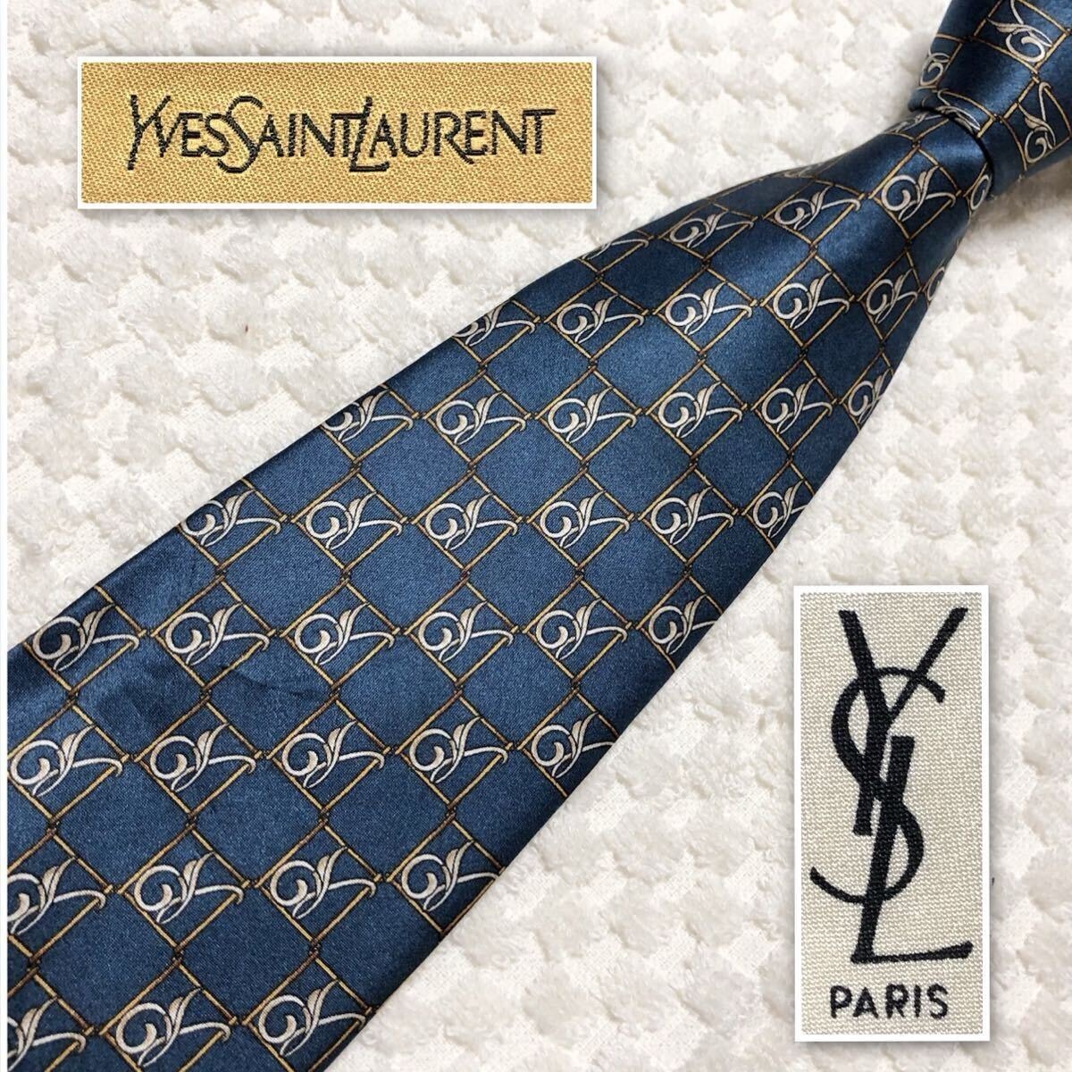 ■美品■Yves Saint Laurent イヴサンローラン ネクタイ　格子　装飾　総柄　シルク100% 日本製　ブルー系　ビジネス