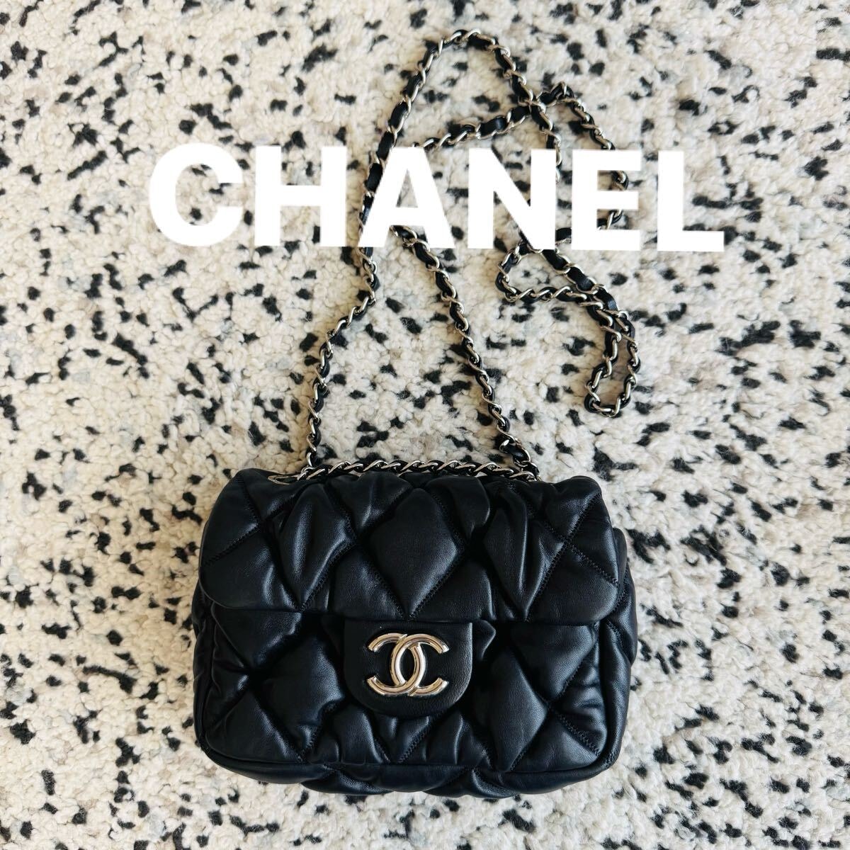 美品 シャネル CHANEL チェーン バッグ バブルキルト 2Way フラップショルダーバッグ ラムスキン ブラック シルバー ミニマトラッセ 