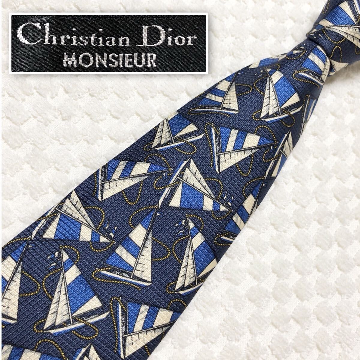 ■美品■Christian Dior クリスチャンディオール　ネクタイ　ヨット　ロープ　総柄　シルク100% ブルー系×ベージュ　ビジネス