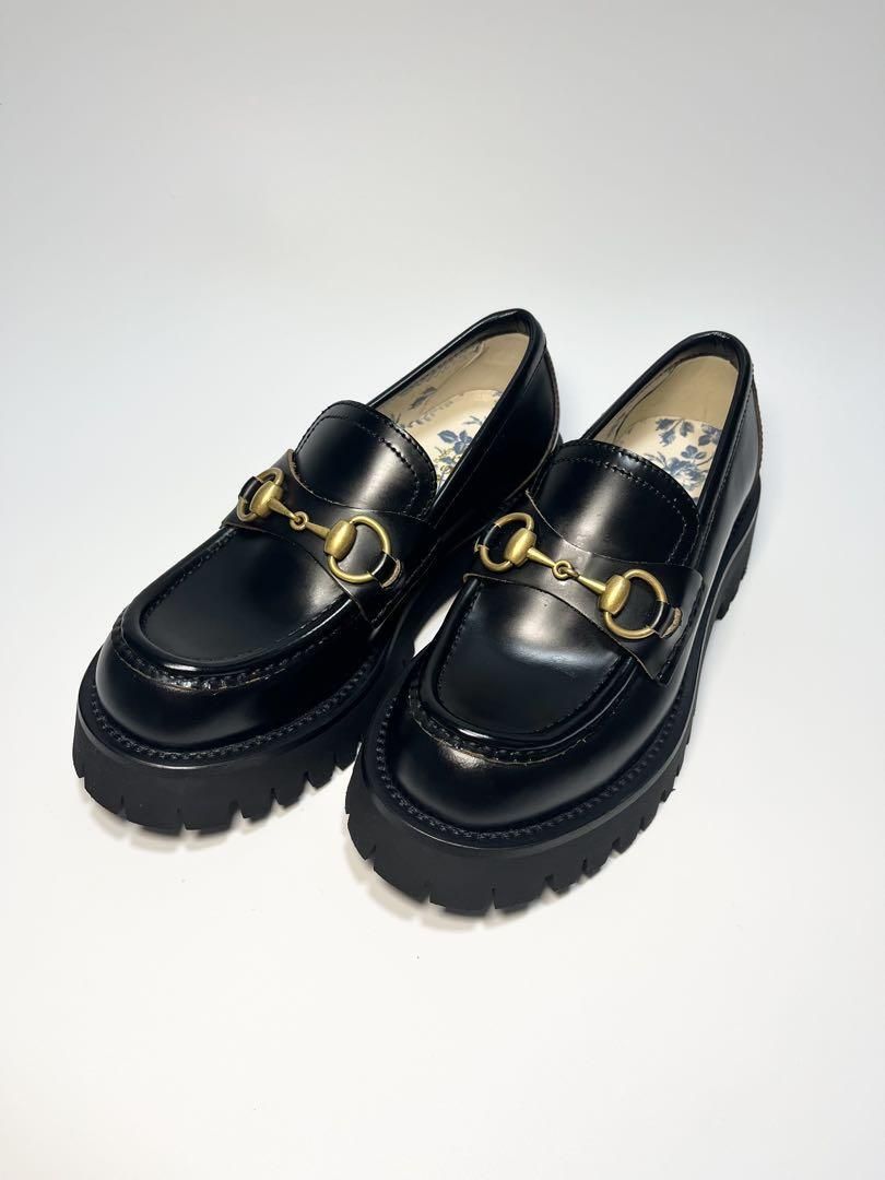 極美品 グッチ 37.5 ホースビット ローファー レザー 黒 ゴールド グッチ GUCCI *ファーローファー 37.5/23.5*ブラック黒ライト