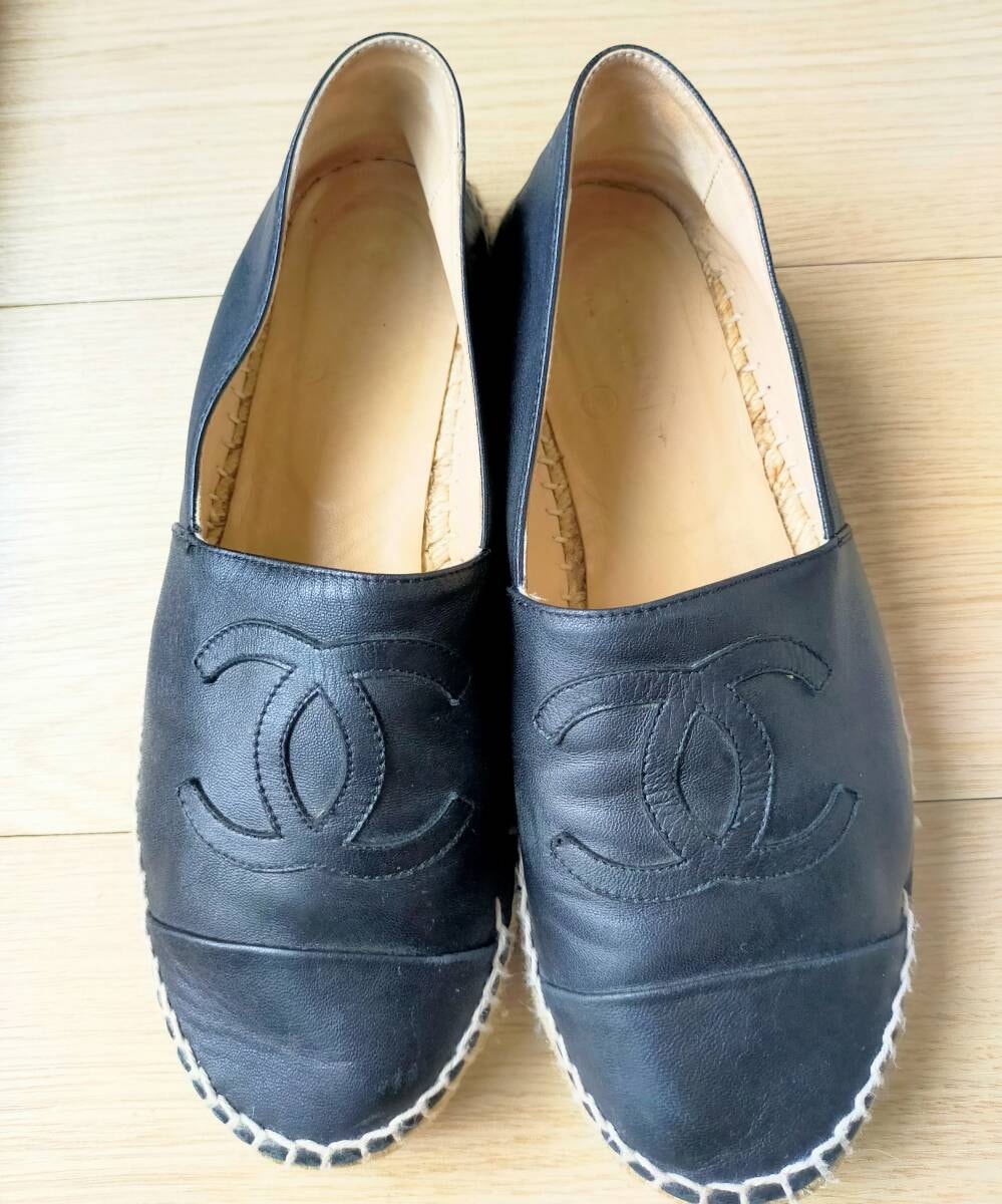 やや傷や汚れあり】Chanel エスパドリーユ CCココマーク本革ブラック