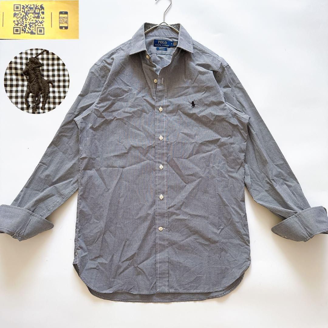 現行QR POLO RALPH LAUREN ポロラルフローレン 長袖シャツ ポニー刺繍 ギンガムチェック柄 ブラック 黒 M モノトーン CUSTOM FIT カスタム