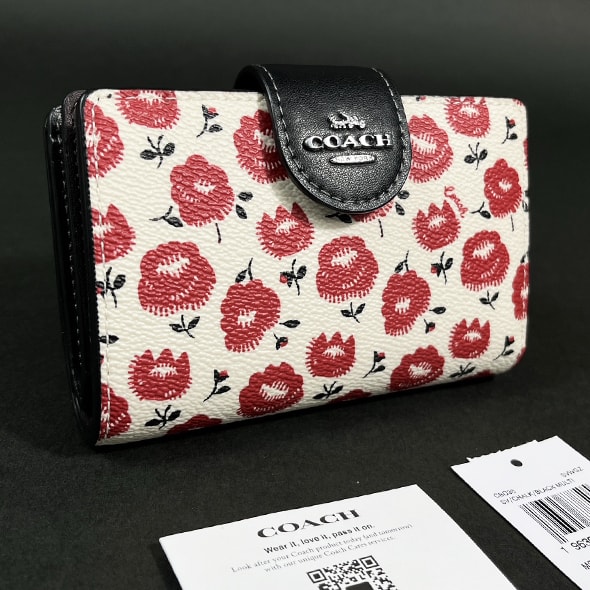 【COACH 本物 新品 コーチUSAアウトレット正規品】ミディアム ウォレット フローラル プリント 財布 二つ折り財布 CBO38 花柄 新作 