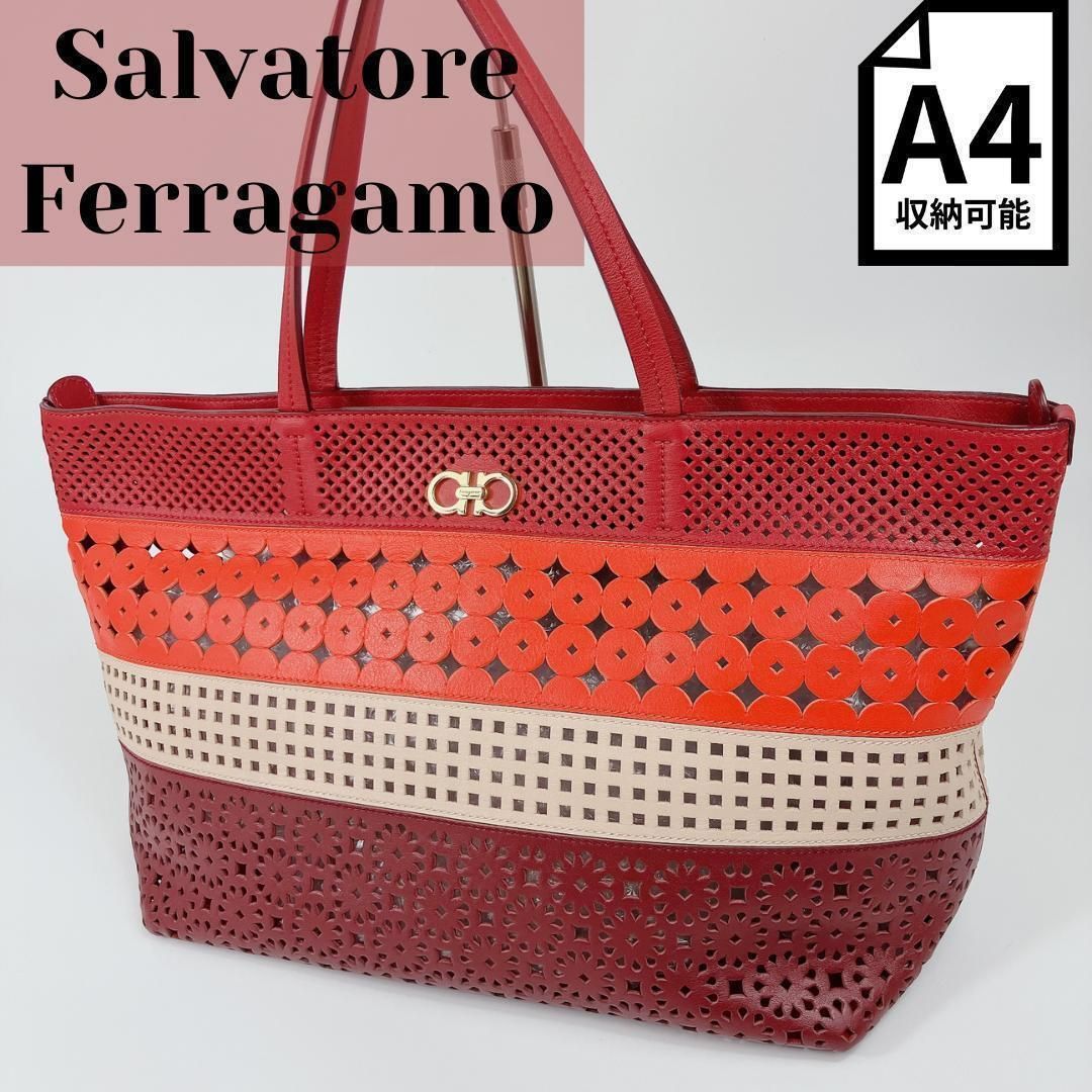 サルヴァトーレフェラガモ Salvatore Ferragamo トートバッグ　レザー ダブルガンチーニ パンチング トートバッグ　ボルドー レッド 赤