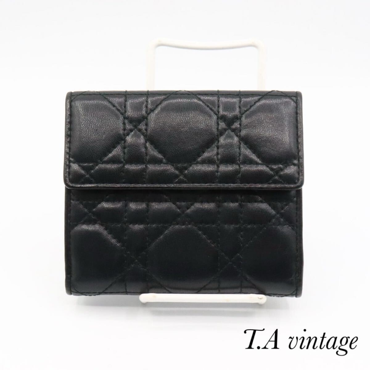 美品　クリスチャン　ディオール　カナージュ　レザー　折り財布　ブラック