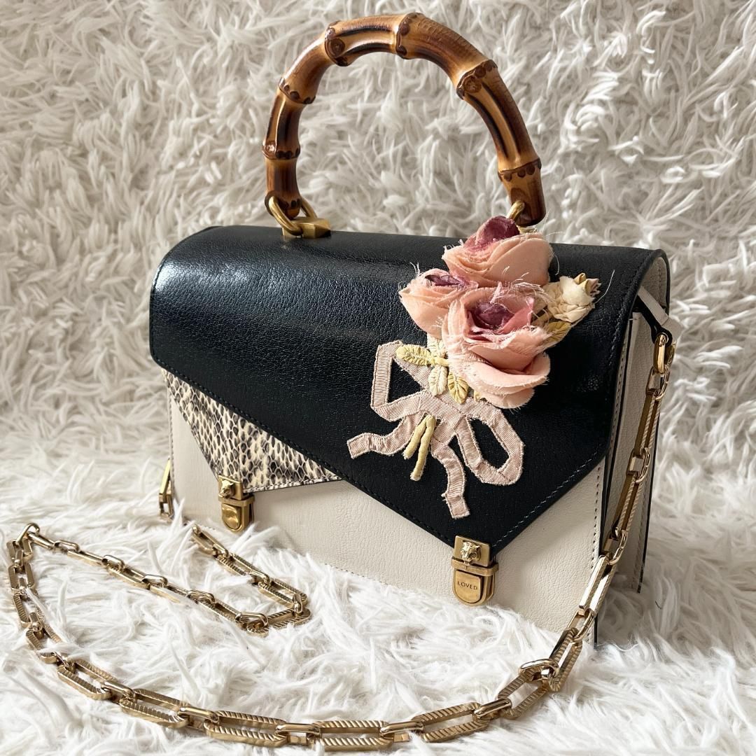 GUCCI（グッチ) オッティリア 花刺繍 バンブー 2way ハンドバッグ パイソン×レザー 虎モチーフ金具