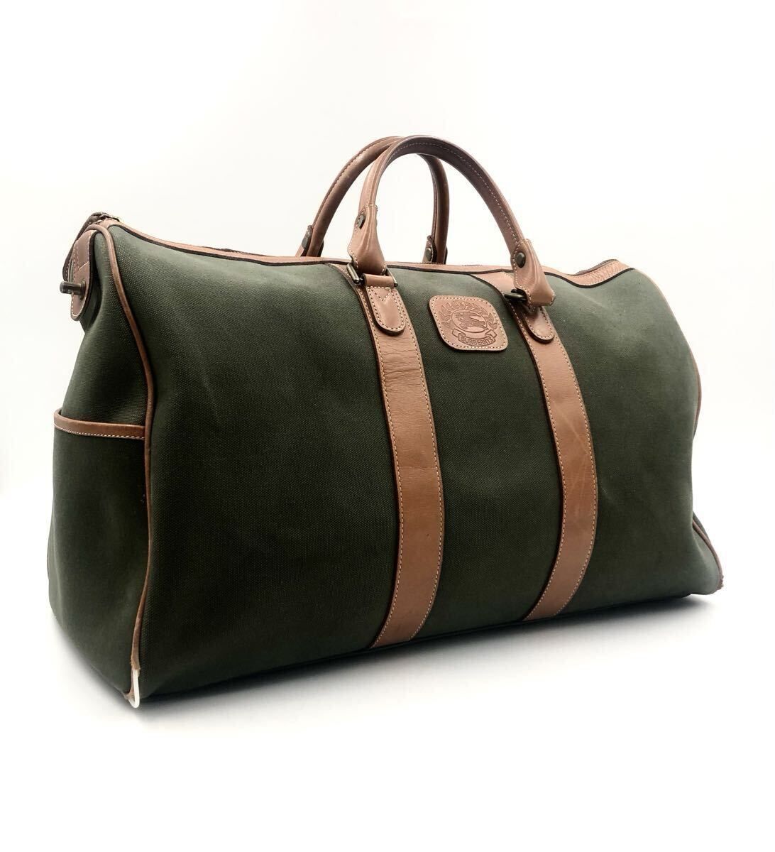 Burberrys バーバリー　大型ボストンバッグ　旅行カバン　キャンバス×レザー グリーン×ブラウン×内側ノバチェック　ロゴプレート　底鋲