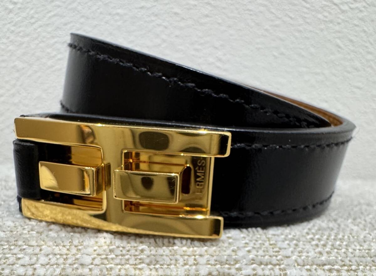 【美品★エルメス】Herms ドラッグ 2連ブレスレット X刻印 2016年製 ブラック×ゴールド金具
