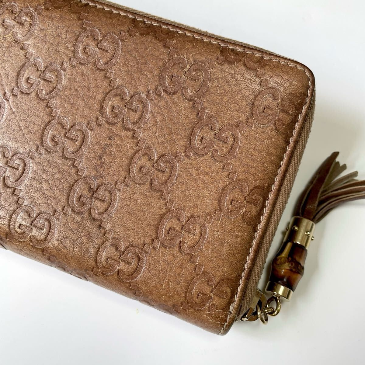 ★GUCCI グッチ シマ バンブー フリンジ ラウンドファスナー ジップ 長財布 レディース 中古【鑑定済み 本物保証】