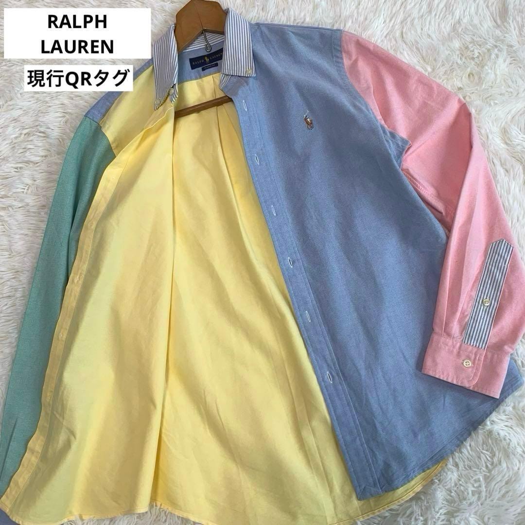美品/L相当◆RALPH LAUREN【近年:QRタグ/ポニー刺繍◆長袖シャツ】クレイジーパターン マルチカラー ボタンダウン メンズ ラルフローレン