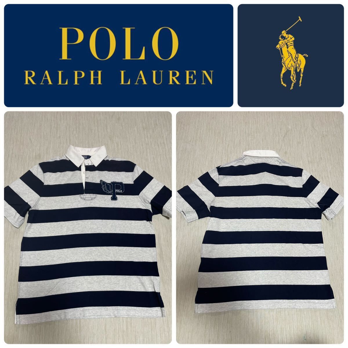 POLO ralph lauren p wing 半袖 ボーダー ポロ ラガー シャツ トップス ロゴ 1992 RRL SPORT L