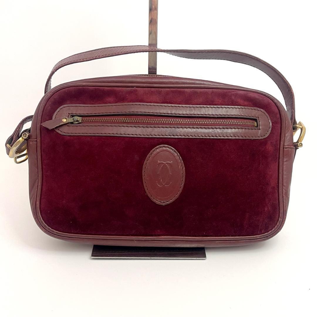 カルティエ Cartier ヴィンテージ バーガンディ スエード レザー ショルダーバッグ