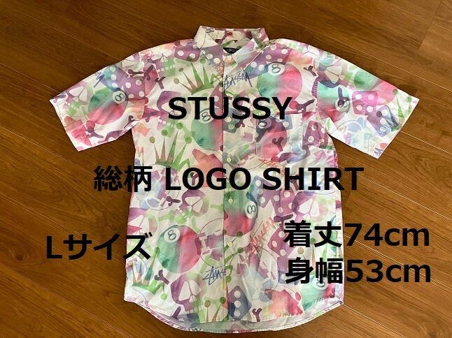 STUSSY 総柄 LOGO SHIRT L ステューシー ロゴ シャツ 半袖 ネオ ヴィンテージ ビンテージ
