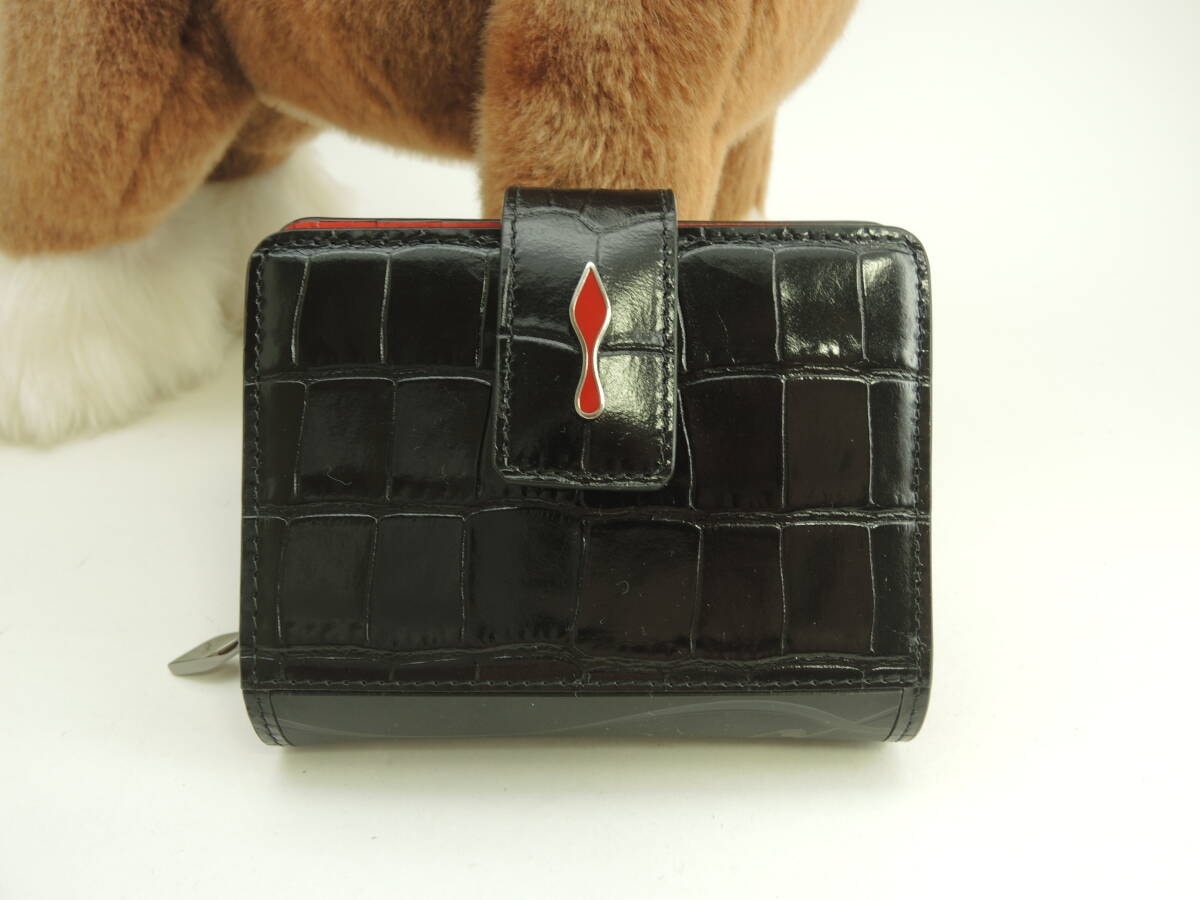 クリスチャンルブタン 2折財布 パロマ クロコ型押レザー黒赤 コンパクトウォレット 美品@ 6