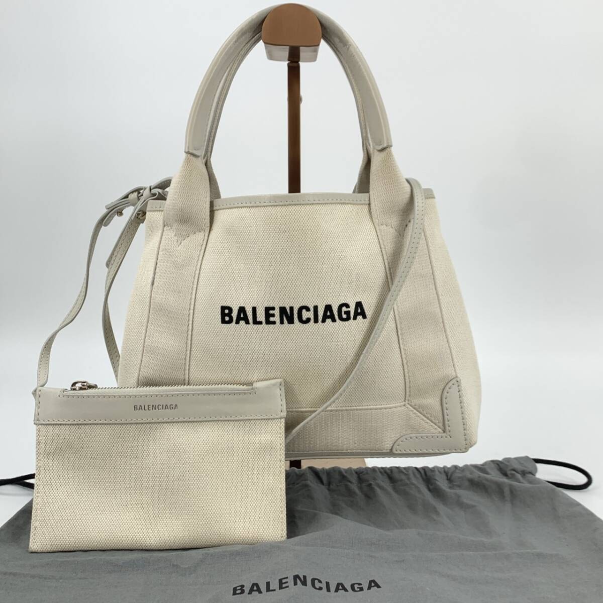 BALENCIAGA バレンシアガ 2way ネイビーカバス XS ハンド ショルダーバッグ ポーチ付 キャンバス レザー 本革 アイボリー ホワイト 390346