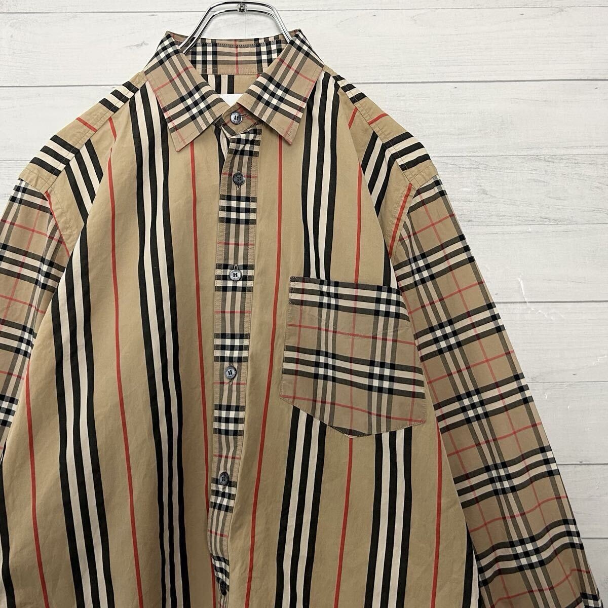 人気デザイン BURBERRY バーバリー 現行 ノバチェック×ストライプ 長袖シャツ ベージュ ブラック 黒 トップス メンズ カジュアル キレイめ